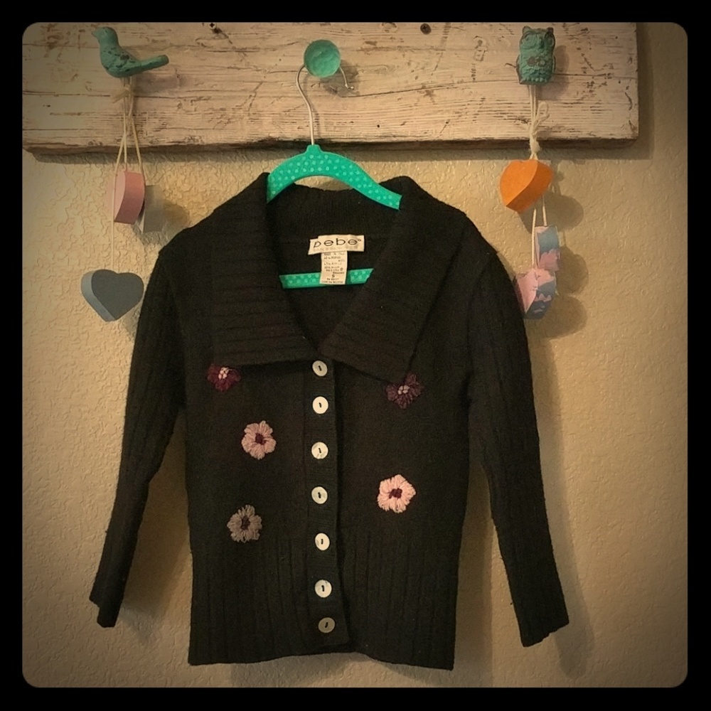 Bebe Black Floral Embrodiered Merino Wool Cardigan